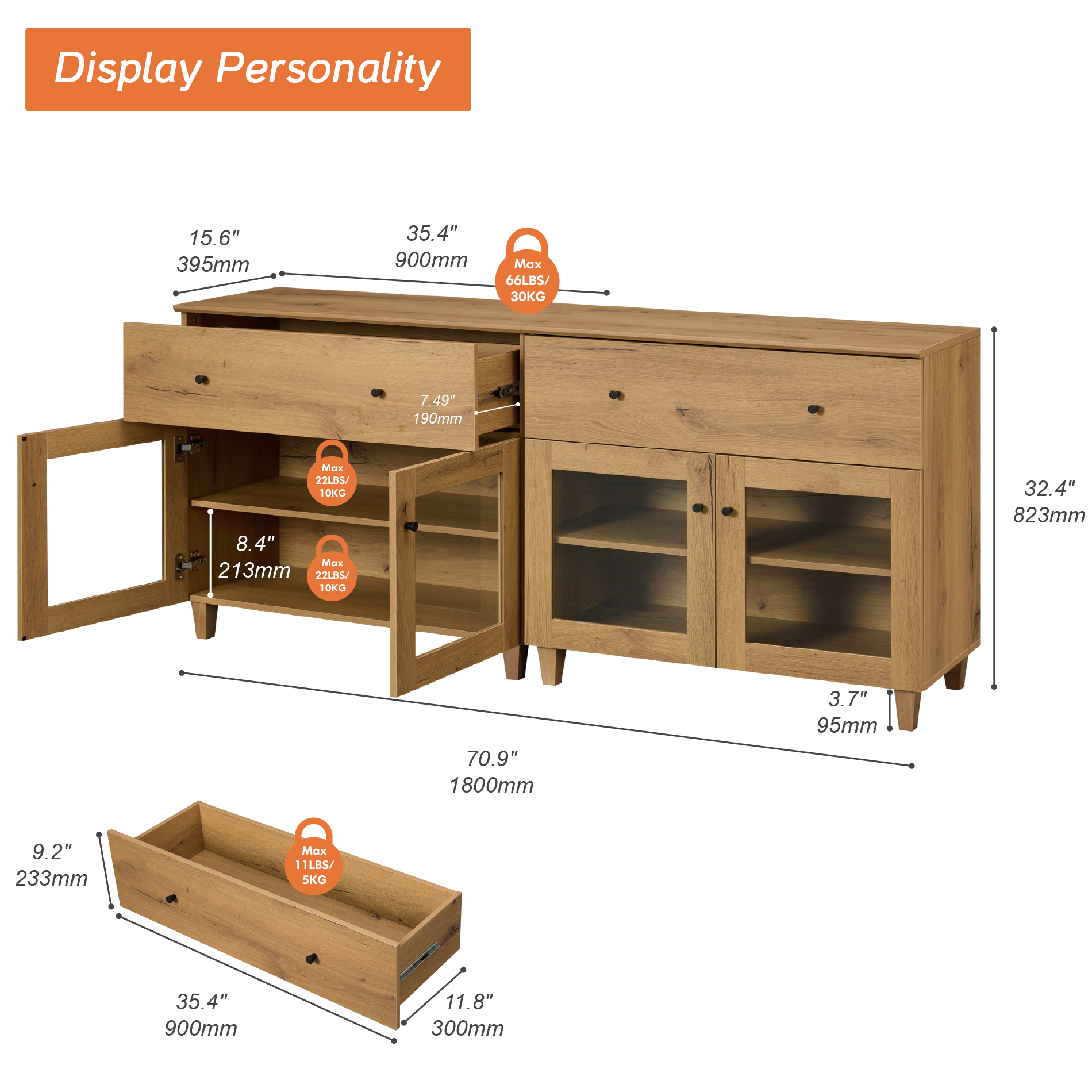 Modern Glass‑Door Dresser Cabinet, Bedroom Organizer – Wide Drawer, Fixed Shelf, Anti‑Tip, Oak Brown, 71" W