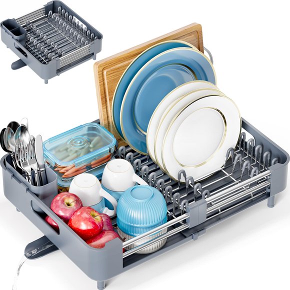 Urackify Extendable Dish Rack, Dual Part Dish Drainers with Non-Scratch and Movable Cutlery Drainer and Drainage Spout, Gray