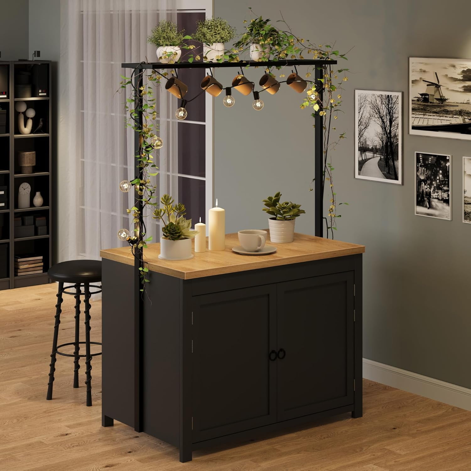 42" Kitchen Island with Storage, Multi-Functional Island Table with 2-Tier Shelves, Kitchen Counter with 5 Hooks for Kitchen, Dining Room