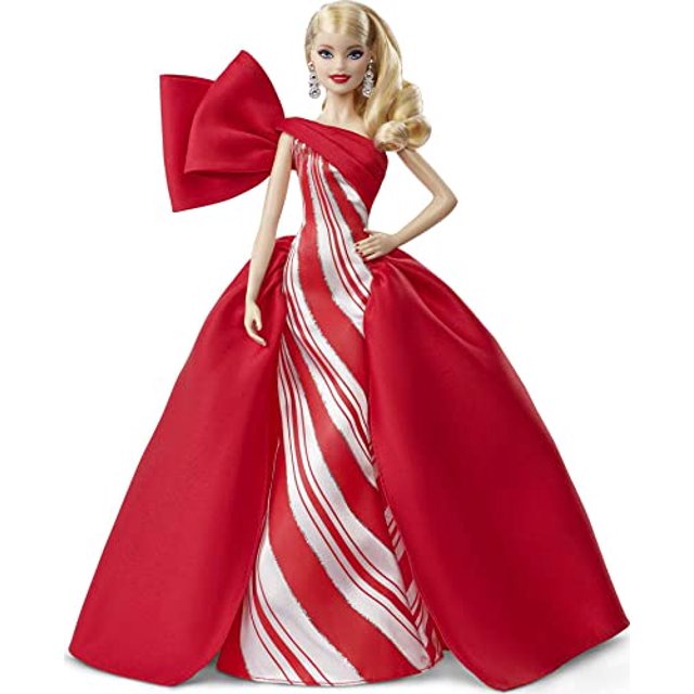 Poupée Holiday Barbie 2019, 11,5 Po, Blonde, Portant une Robe Rouge et Blanche, avec Support pour Poupée et Certificat d'Authenticité