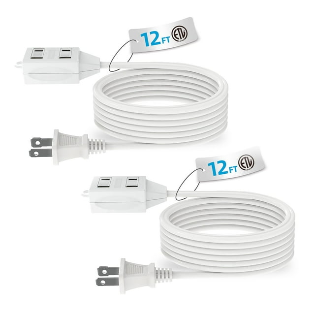 Cable De Extensión Para Interiores Cable De Extensión De 2 Clavijas De 12 Pies 3 Salidas Polarizadas Con Ventanas Deslizantes De Seguridad 13A/1625W 16 Awg, Paquete De 2