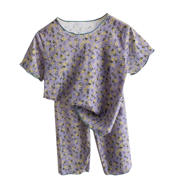 Odeerbi 1-12 Años Niñas Pijama de Seda Hielo Verano Manga Corta Capris Estampado Floral Ropa de Dormir Conjunto de Dos Piezas Pijama