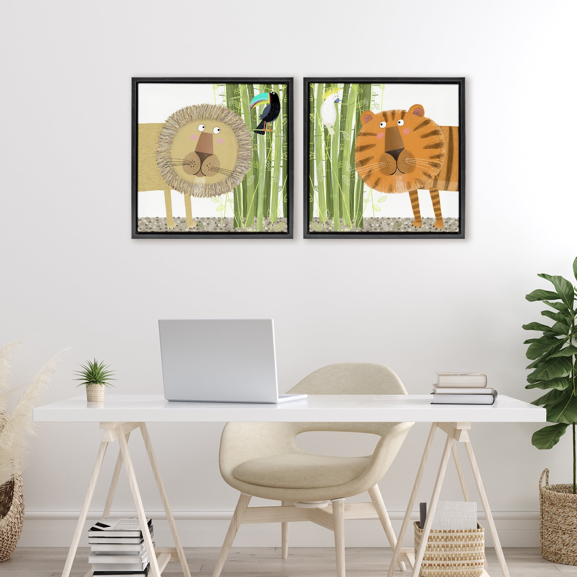 Stupell Industries Bamboo Trees & Animals 2 Piece Black Framed Floater Canvas Set, design by Carla Daly