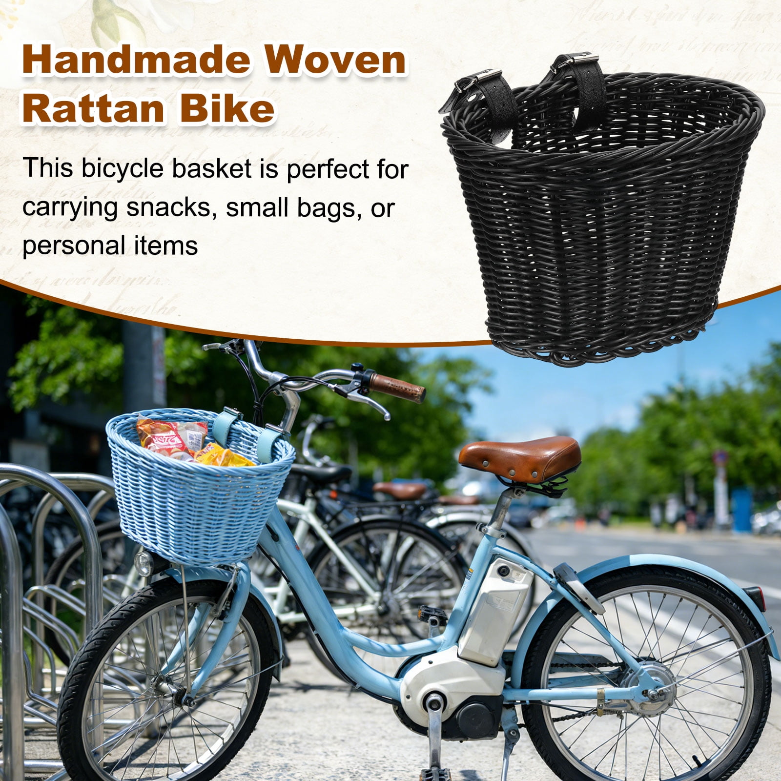Uxcell Bike Basket Front, Hand-Woven Bicycle Basket with Adjustable PU Belts 1 Pack & Black-Fitting For(Most Road Bikes, Bicycles/Scooters)