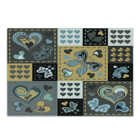 Vintage Cutting Board, Dark Textured Ornament Heart and Butterfly Motif in Mix Retro Design, Decorative Tempered Glass Cutting and Serving Board, Small Size, Multicolor, by Ambesonne