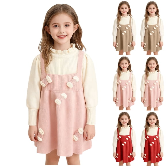 Miluxas Girl's Mock Neck Long Sleeve Flower Front Overall Dress Red 2-3 Years