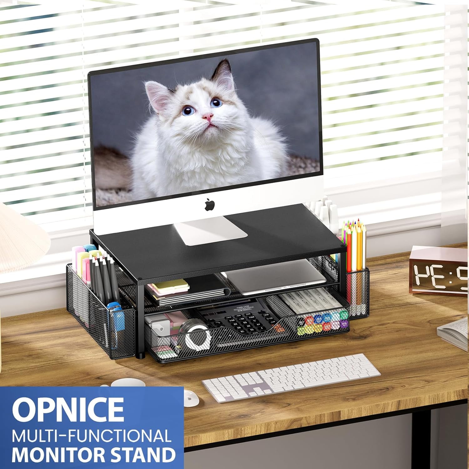 Desk Organizer and Accessories, 2-Tier Computer Monitor Stand Riser with Drawer and 2 Pen Holders, Office Desk Accessories for Office Supplies, Black