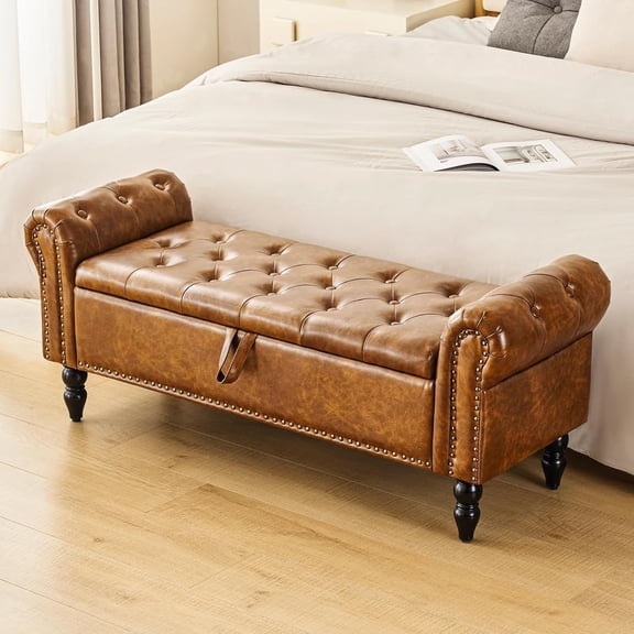 Storage Bedroom Bench for End of Bed, Faux Leather Upholstered Storage Ottoman with Rolled Arms for Bedroom,Living Room, Entryway, 2.5Cubic Feet