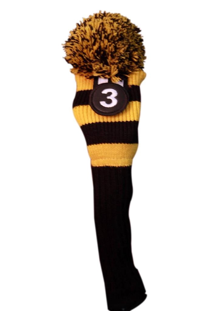 Majek #3, #4, & #5 Hybrid Combo Pack Rescue Utility Black & Yellow Golf Headcover Knit Pom Pom Retro Classic Vintage Head Cover