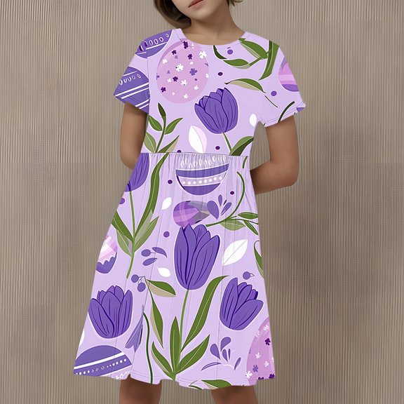 Babcutegg Teen Girls' Dress, Casual Dress Round Neck Graphic Pattern Girls Summer Dress Multicolor 4-5T