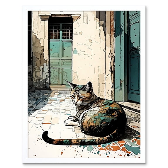 Street Cat Sunbathing on Cobblestone Street Modern Illustration Art Print Framed Poster Wall Decor 12x16 inch