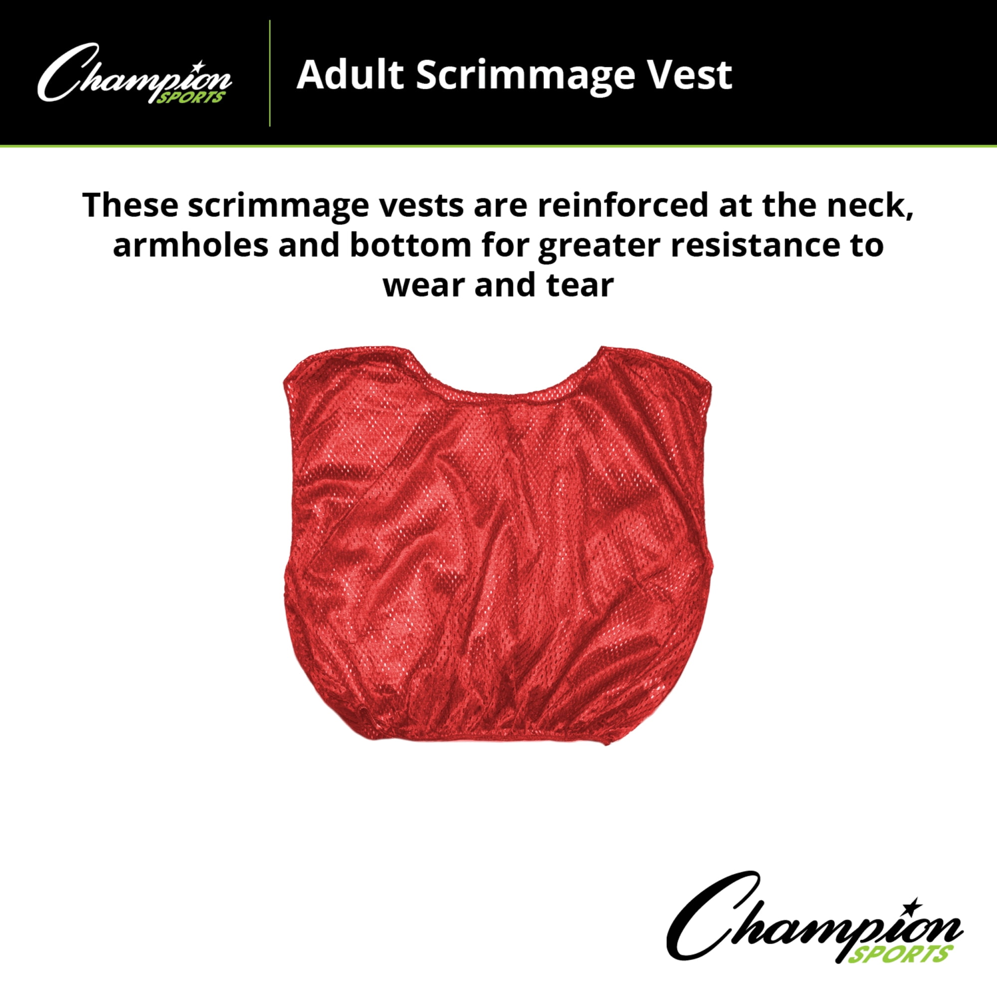 Champion Sports Mesh Practice Scrimmage Vest Regular and Numbered (Youth and Adult) - Pack of 12, Red, Adult Regular