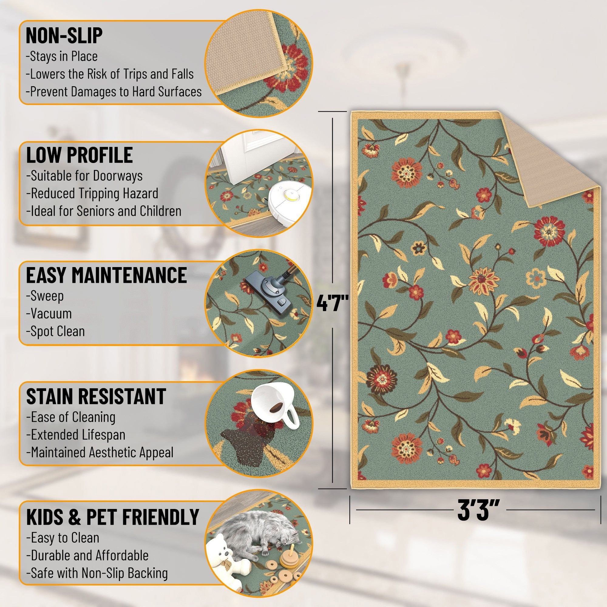 Ottomanson Floral Area Rug 3'3" x 4'7" - Non Slip Low Pile Carpet, Seafoam Green