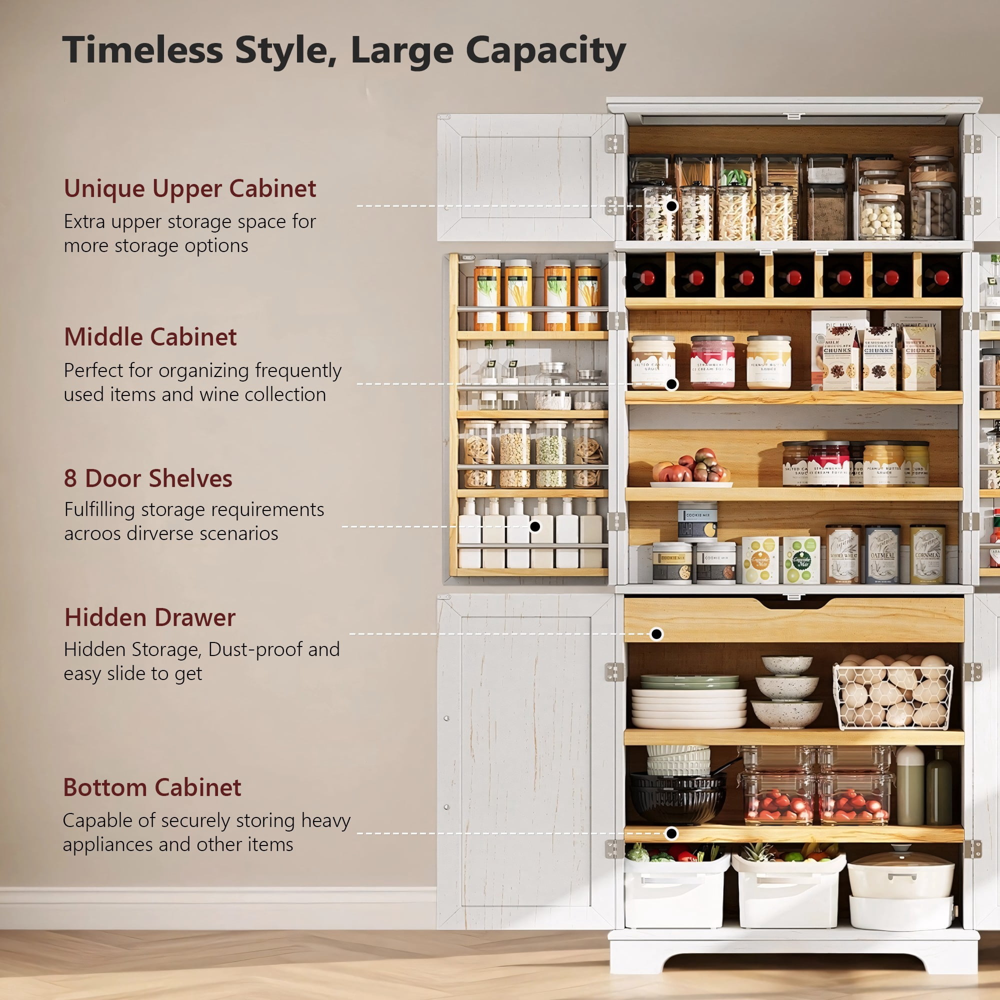 Mintazer 78" Tall Farmhouse Pantry Cabinet with Adjustable Shelves & 8 Door Shelves, Freestanding Storage Cabinet with Hidden Drawer & Wine Rack for Kitchen Dining Room Living Room, White
