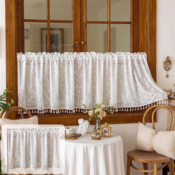 Ouuluon Kitchen Curtains Romantic Printed Colorful Semi-Transparent Short Curtain, 39×24inch Retro Decor Curtain for Home Kitchen Coffee Shop
