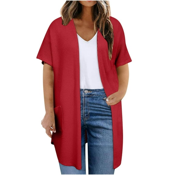 Cardigans for Women,Summer Clothes,Women Solid Color Plus Size Open Spring Summer Casual Short Sleeved Front Open Cardigan with Pockets,Plus Size Clothes for Women
