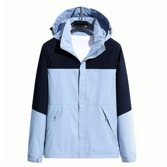 Windbreaker Jacket Men's Zip Front Windbreaker Jacket Man Color Match Water Resistance Drawstring Pockets Hooded Outdoor Jacket Coat Light Blue 4XL