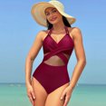 thumbnail image 4 of Women's Crochet One Piece Swimsuits V Neck High Waist Bathing Suit Sexy Hollow Monokini Swimwear Burgundy Large, 4 of 8