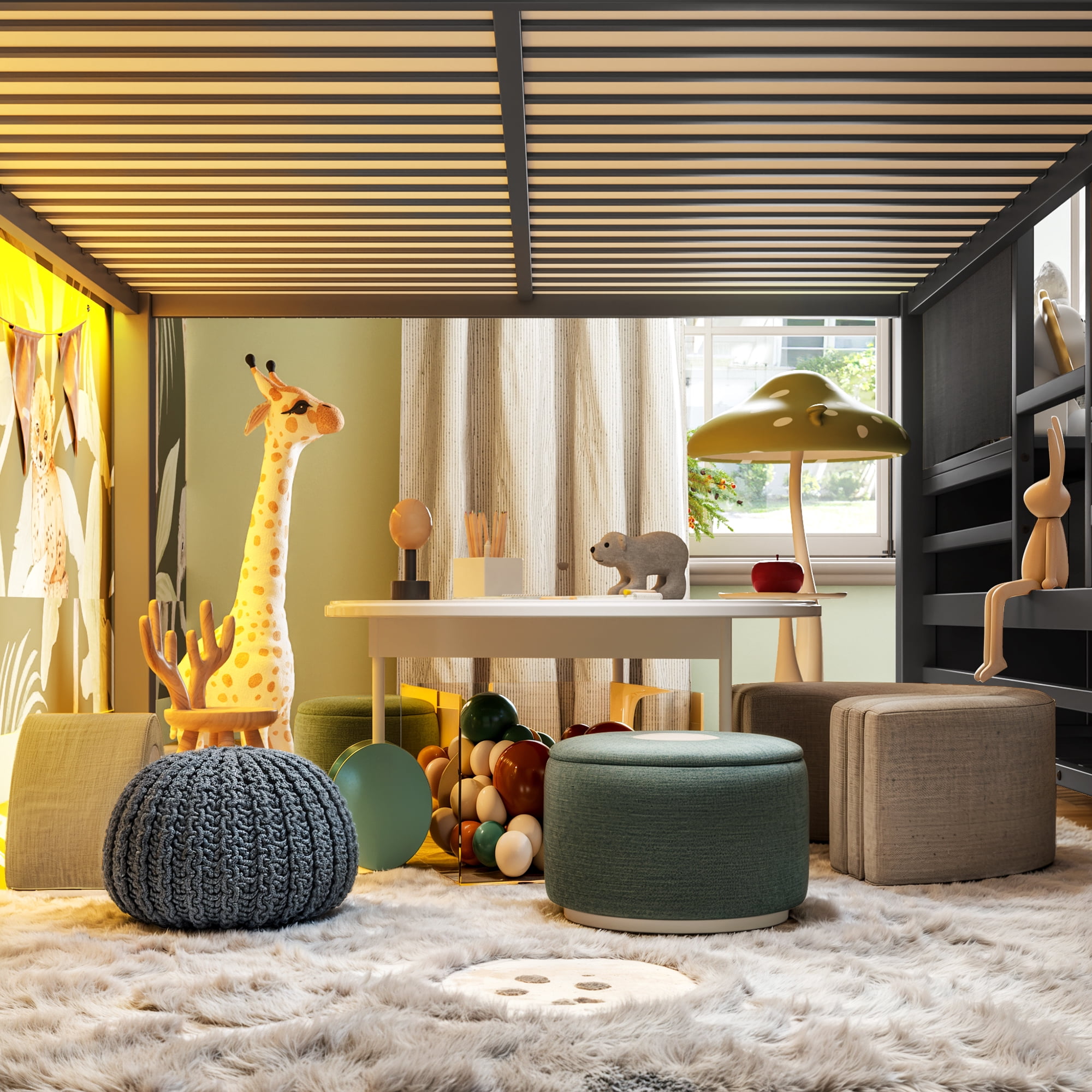 Aukfa Full Size Loft Bed with 8 Storage Drawers, Shelves & LED Lights, Metal Low Loft Bed for Kids Bedroom, Black