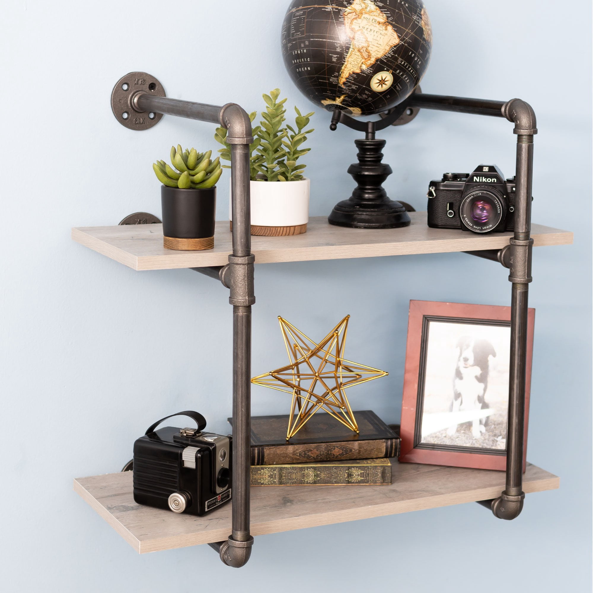 Pipe-Decor.com Rustic Industrial Floating Shelving Distressed Aged Wood and Iron Pipes 2 tier Wall Mounted Hanging Shelf
