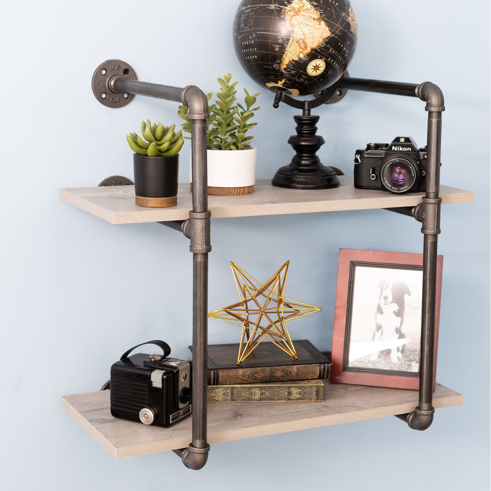Pipe-Decor.com Rustic Industrial Floating Shelving Distressed Aged Wood and Iron Pipes 2 tier Wall Mounted Hanging Shelf - image 4 of 9