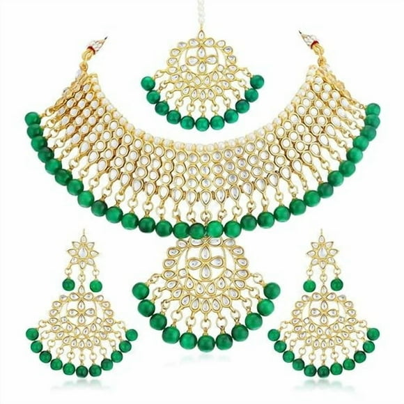 Trendy Kundan Gold Plated Wedding Jewellery Choker Necklace Set With Earring & Maang Tika For Women