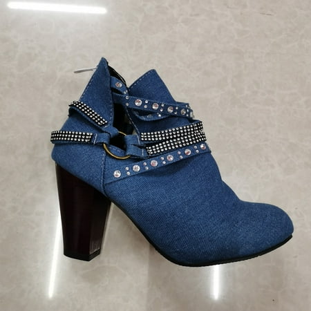 

Cathalem 2022 Women s European And American ACross Border Coarse Heel High Heel Sleeve Rhinestone Taupe Booties Women Boots Blue 6.5