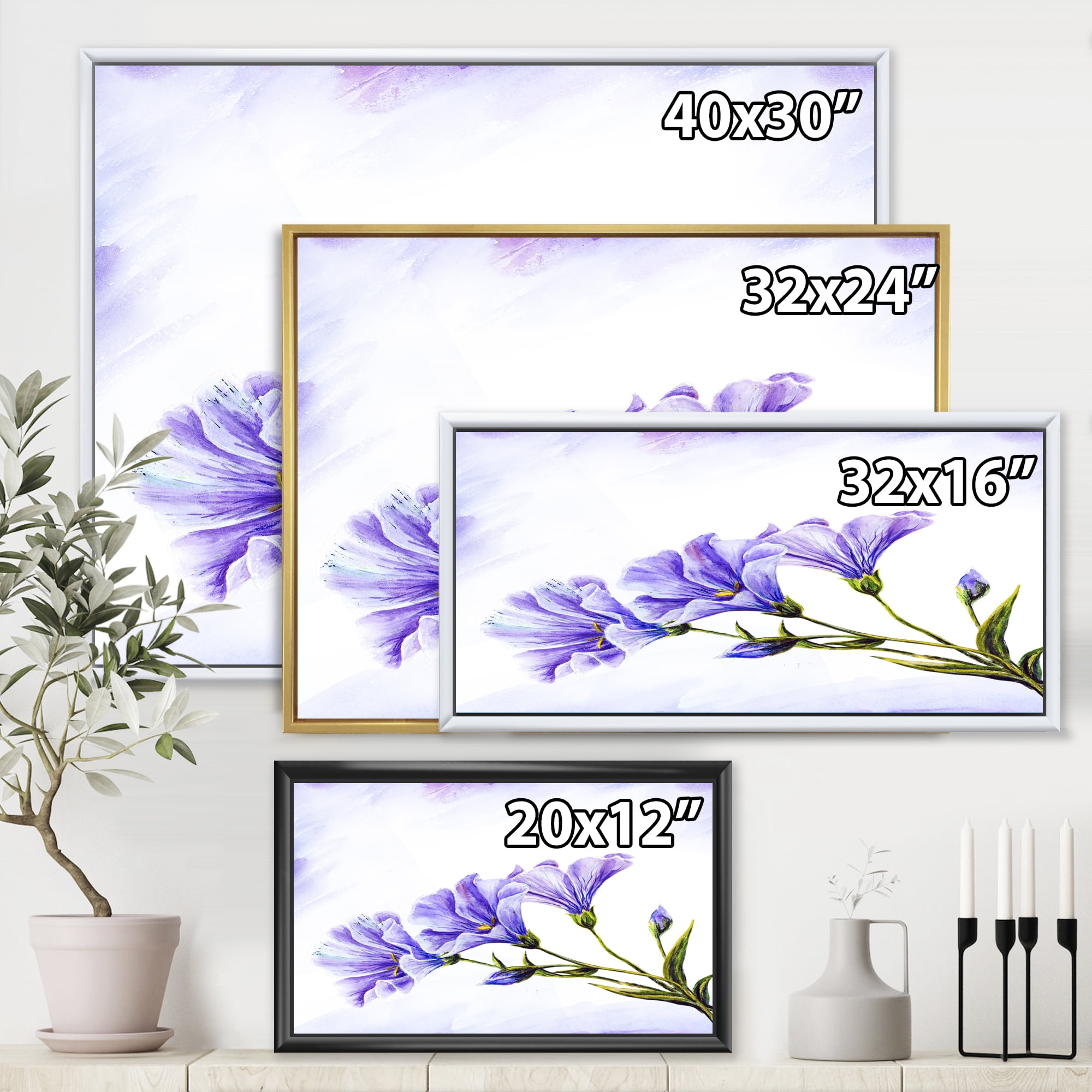 Blue Wildflowers With Leaves II 20 in x 12 in Framed Painting Canvas Art Print, by Designart