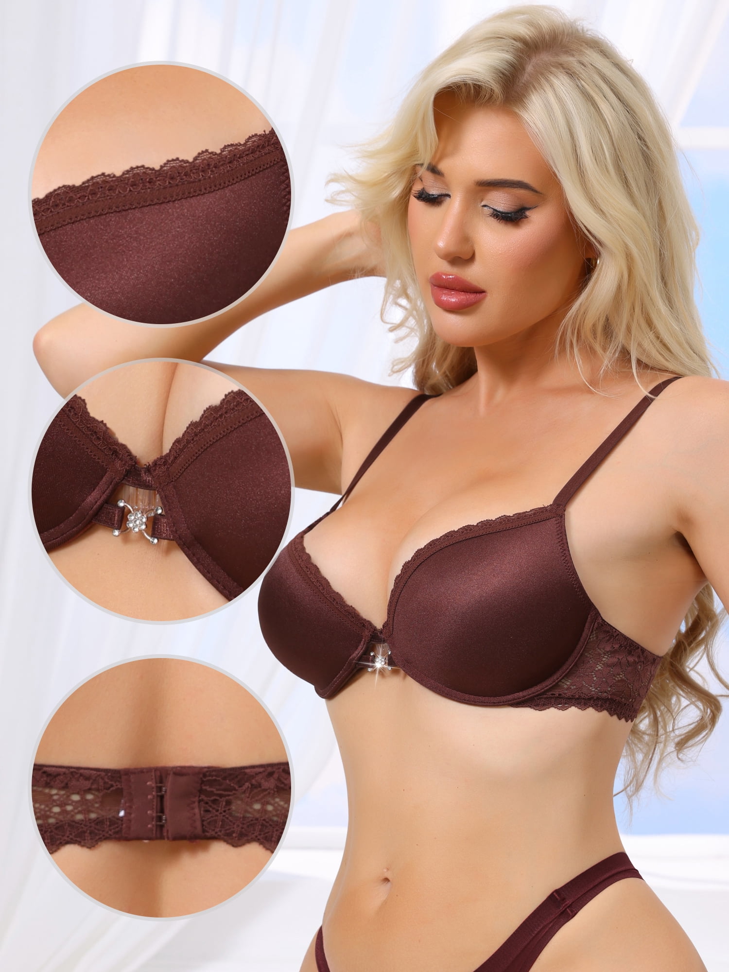 DARING DIVA Women's Lace Trim Push Up Bra with Plunge Adjustable Straps C 38 Brown