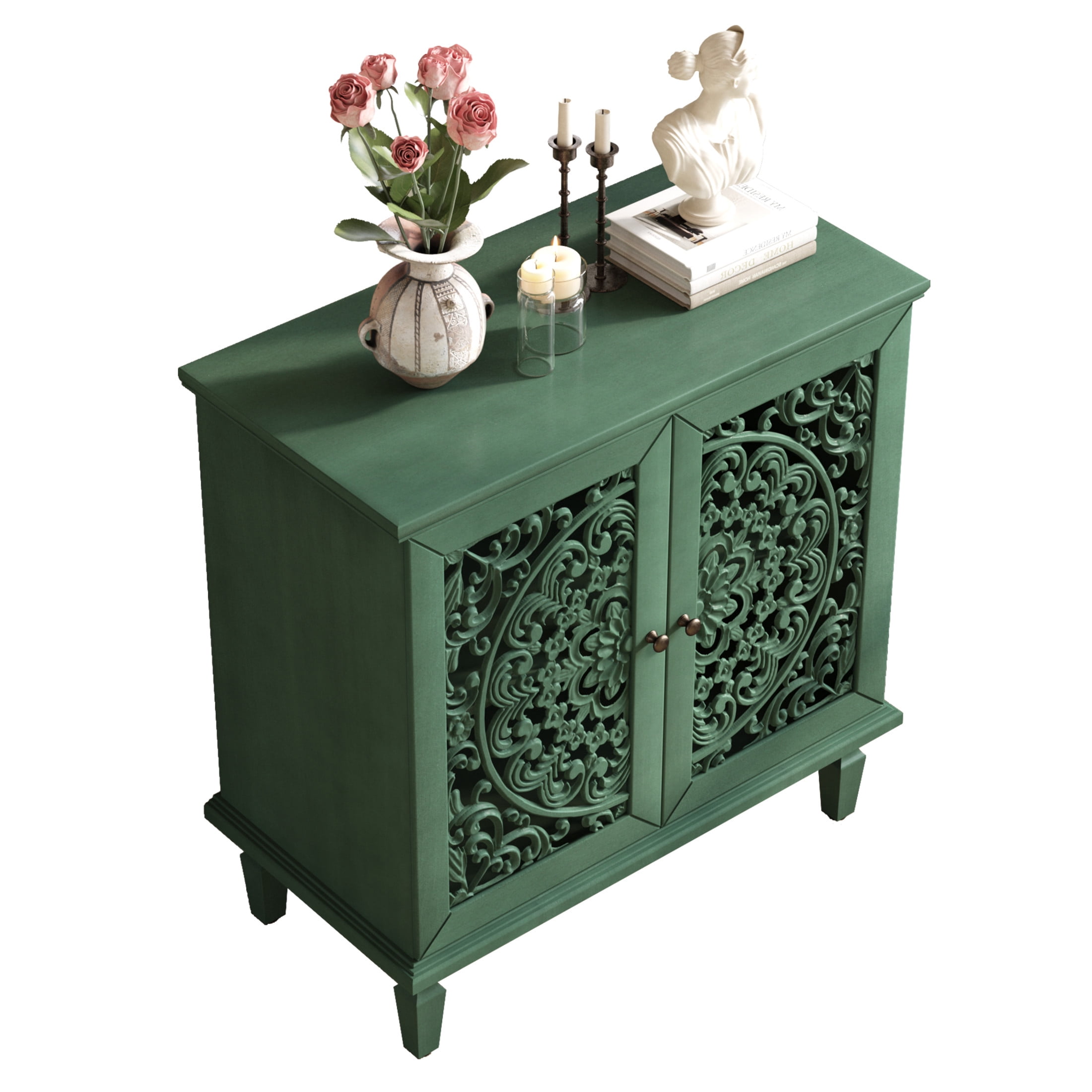 Noble house Vintage Hollow-Carved Accent Cabinet, 2-Door Sideboard, Adjustable Shelf & Solid Wood Legs,Antique Green