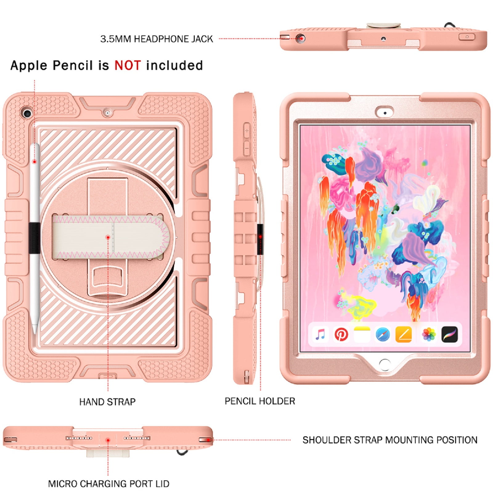 ELEHOLD Rugged Case For Apple iPad 11th(A16) 2025 Three-Layer Hybrid Muti-Functional Case with 360° Rotating Kickstand Pencil Holder Handstrap Shoulder Strap Shockproof Case ,C