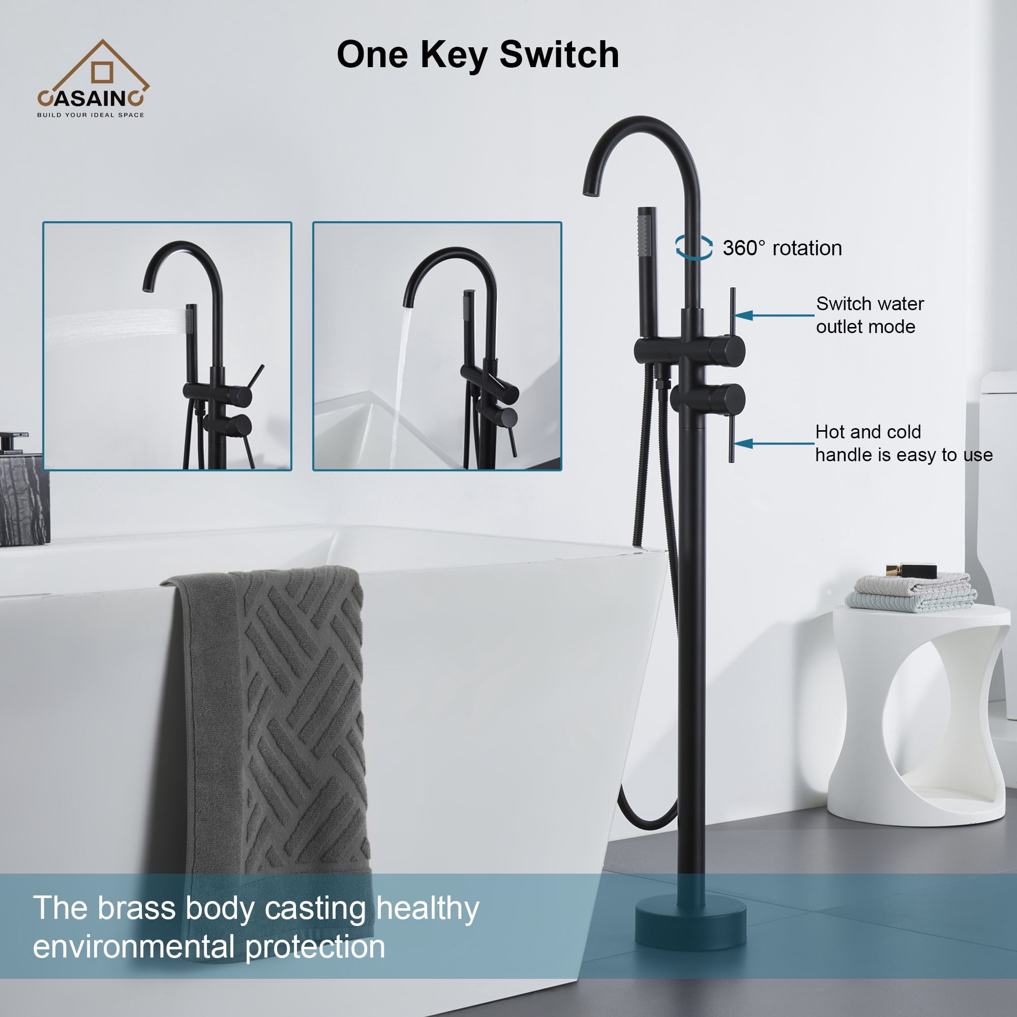 CASAINC 2-Handle Residentail Freestanding Bathtub Faucet with Hand Shower, Matte Black