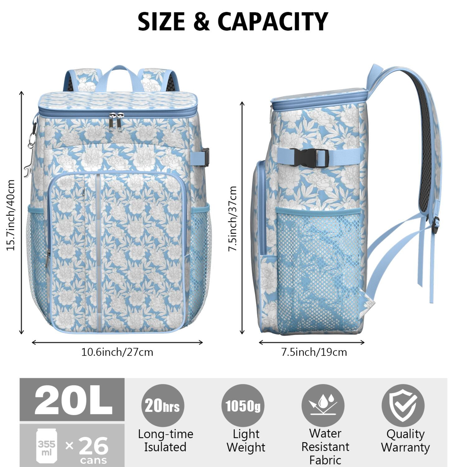Travel Cooler Bag - Pioneer Flower Floral Print Pattern Camping Beer Cooler Backpack with Bottle Opener- Waterproof Insulated Picnic Backpacks - Cooler Bag for Beach