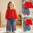 thumbnail image 2 of Curenmufel School Ready 2 Piece Outfit for Girls Long Sleeve Top and Denim Pants Toddler Outdoor Daily Clothes 4T (Red,4 Years), 2 of 5