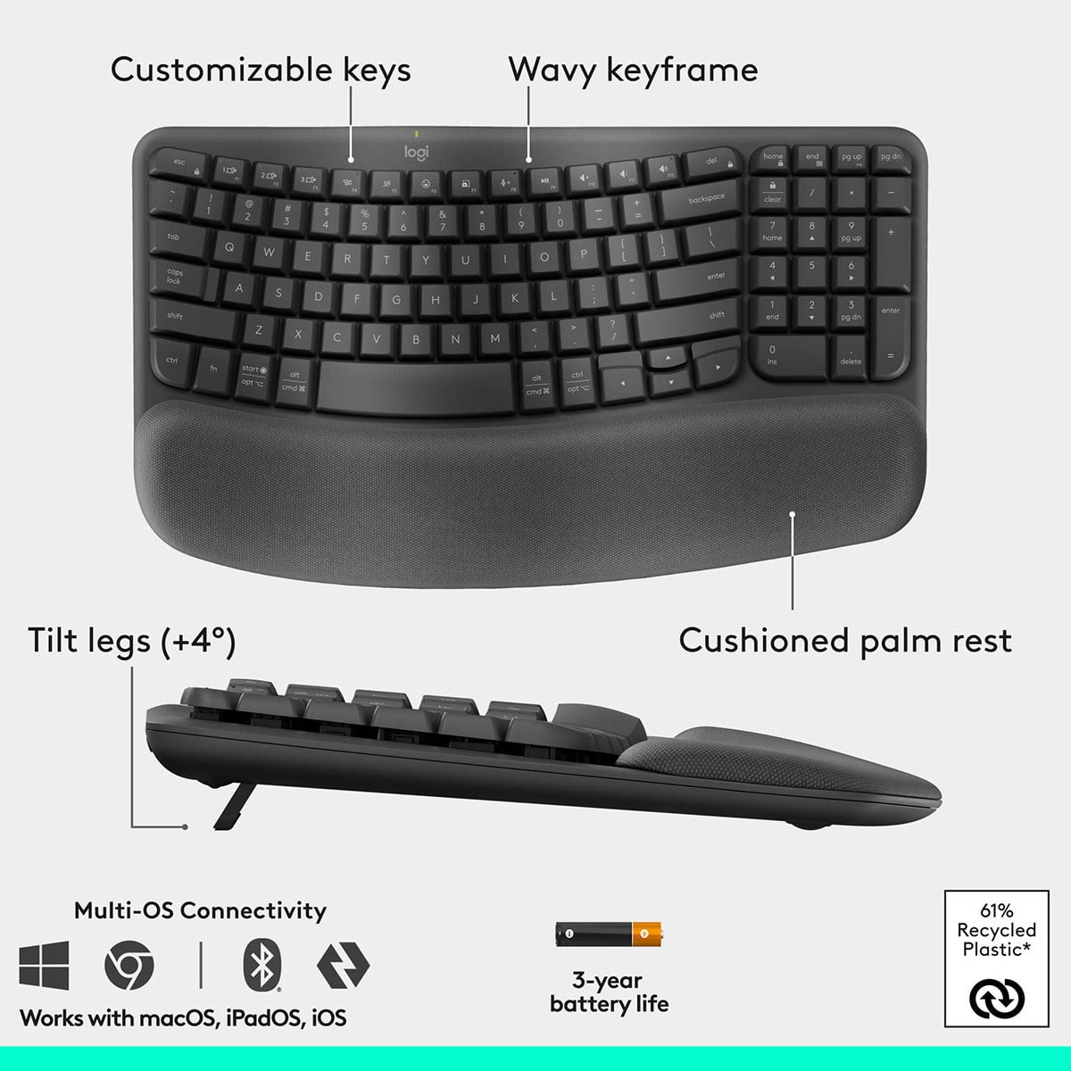 Logitech Wave Keys & Lift Vertical Mouse Ergonomic Wireless Keyboard and Mouse Combo with Cushioned Palm Rest Graphite 920013610