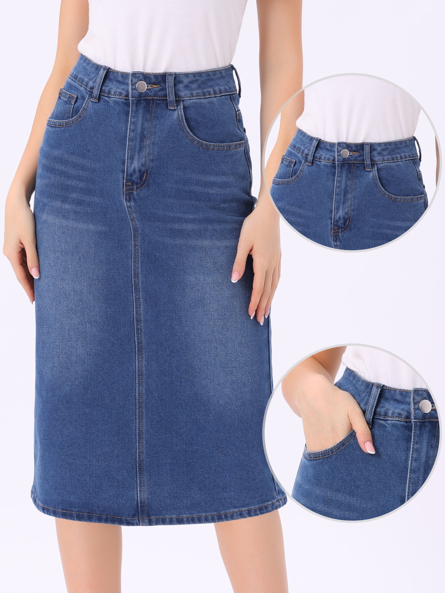 DARING DIVA Women's Denim Split Back Pockets Midi Jean Skirts L Sky Blue