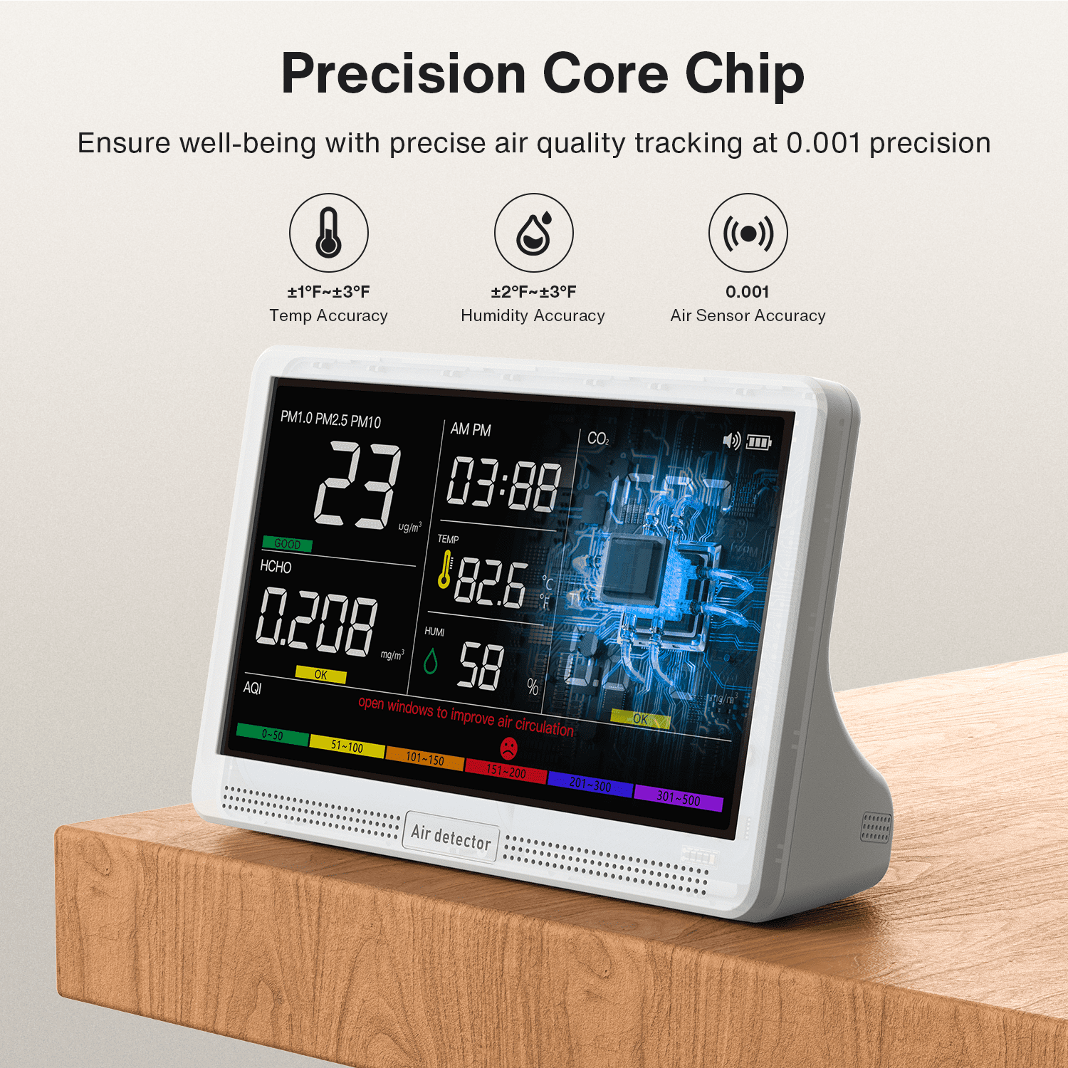 YNAK, 16 in 1 Indoor Air Quality Monitor, 7 inch display, AQI
