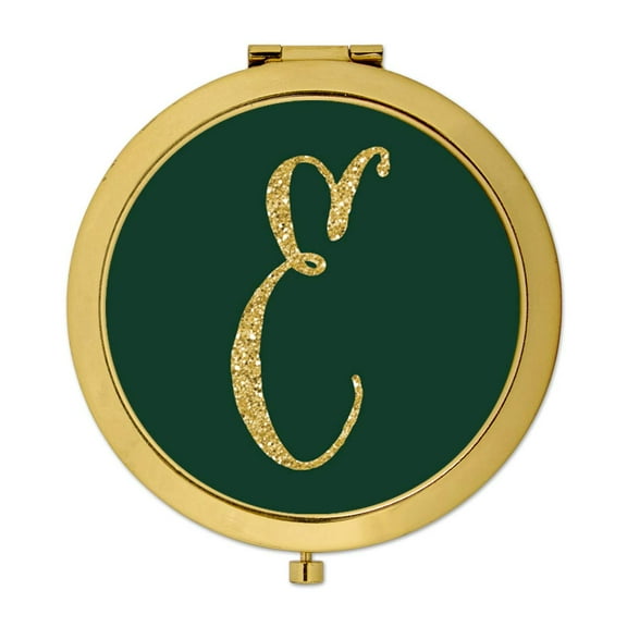Koyal Wholesale Gold Compact Mirror Bridesmaid's Wedding Gift, Emerald Green, Monogram Letter E, 1-Pack