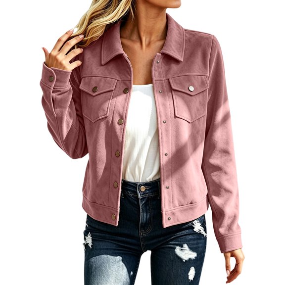 QIYAGBSA Jacket for Women Soft Turn Down Lapel Collar Button Down Long Sleeve Fall Winter Casual Outerwear Lightweight Warm Layer with Chest Pockets (Pink, S)