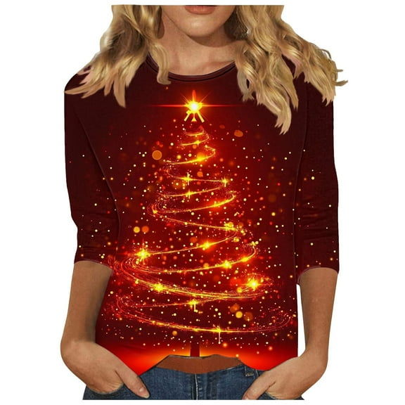 Christmas Tree Blouses for Women Crew Neck Tunic Tops 3/4 Length Sleeve T-Shirt Christmas Printed Shirts Winter Holiday Family Party Matching Pullover Tops