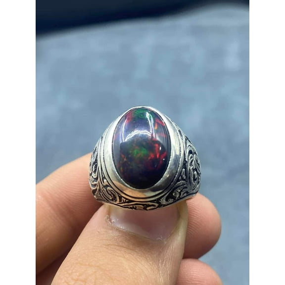 Natural Handmade Black Ethiopian Opal Ring For Men, Sterling 925 Silver Ring, Black Opal Men's Wedding Ring, Opal Gemstone Ring For Men
