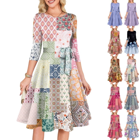 Women's Cocktail Dress Evening Dress 3/4 Sleeve Floral Print Vintage Wedding Guest Dress for Party Banquet Spring Fall,Black,L