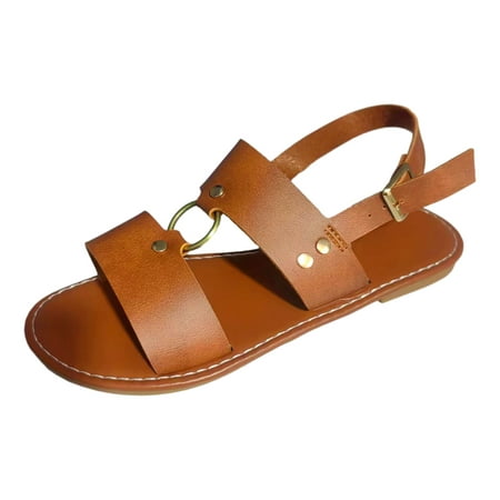 

Ladies Summer Solid Colour Buckle Strap Soft Leather Flat Bottom Round Toe Beach Plus Size Sandals Womens Sandals
