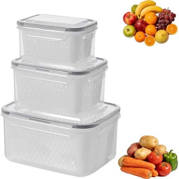 Fruit Vegetable Storage Containers for Fridge, 4 in 1 Food Storage Containers with Lids, Stackable Fruit Storag Container, for Vegetables & Frui Organization (B,3PC)