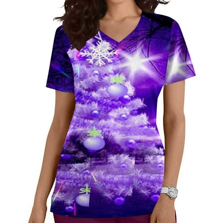 

jsaierl Womens Christmas Scrub Tops V-Neck Short Sleeve Tree Print Top Nurse Uniform Working T Shirts Casual Fashion Blouse Tees with Pockets