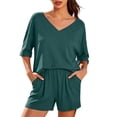 thumbnail image 4 of Zynoxe Womens 2 Piece Outfits Fashion V Neck Short Sleeve Top Elastic Waist Shorts Set Lightweight Breathable Summer Sets Versatile Casual Loose Solid Color Casual Loungewear with Pockets 2XL, 4 of 10