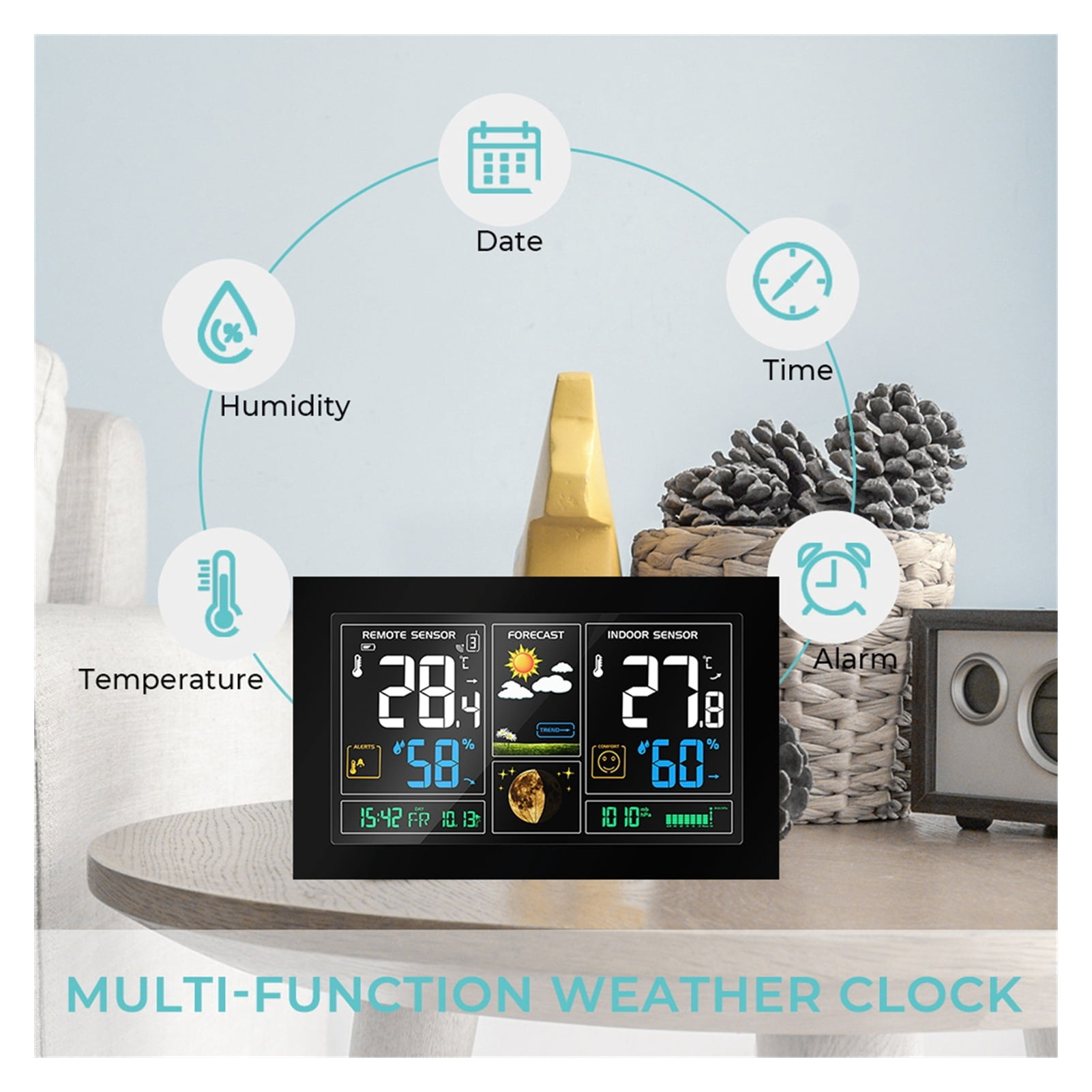 Weather Station 3 Sensors Wireless Color LCD Display Humidity Weather Forecast RCC Snooze Alarm Clock Outdoor ,Easy to Operate