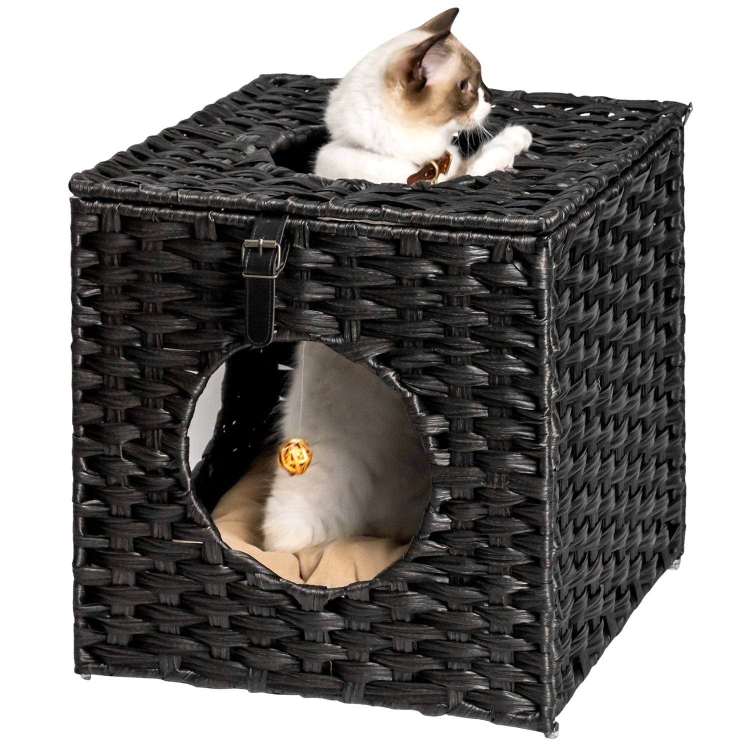 Pefilos 15.7 Inch Rattan Cat Bed, Wicker Kitten House Square Condo with Rattan Ball and Cushion, Black Pefilos 15.7 Inch Rattan Cat Bed, Wicker Kitten House Square Condo with Rattan Ball and Cushion, Black