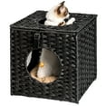 thumbnail image 4 of Pefilos 15.7" Rattan Cave Cat Bed, Wicker Kitten House Square Condo with Rattan Ball and Cushion, Black, 4 of 9