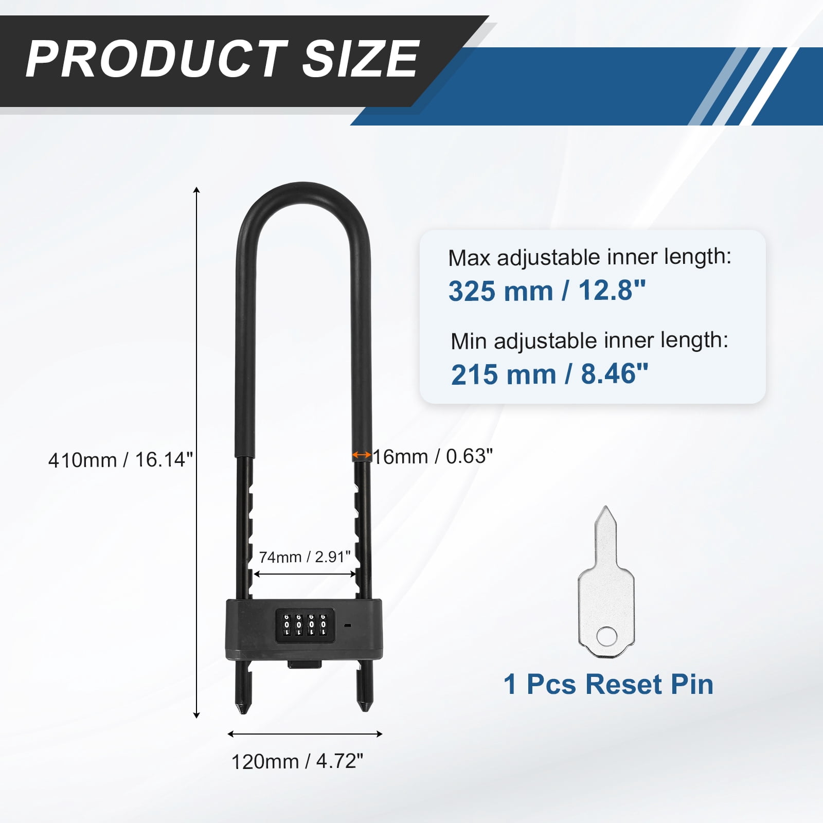 Uxcell 4 Digit Combination Padlock, Long Shackle Padlock - [8.46" - 12.8", Black], U-Shape Adjustable Shackle Lock for Bicycles Electric Bikes Mountain Bikes Glass Doors Gates